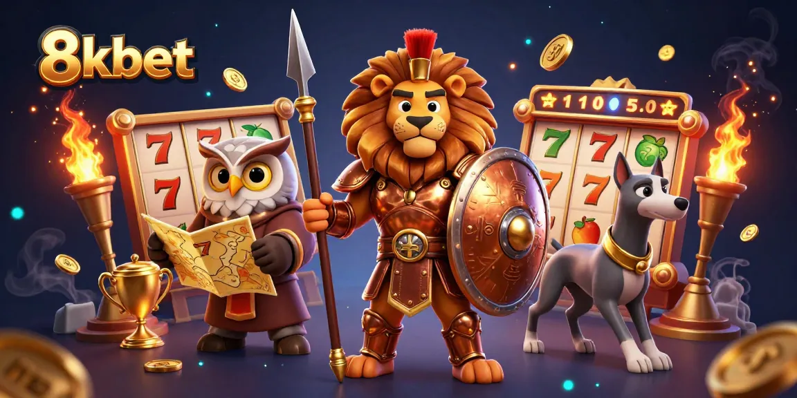 Experience the excitement of 8kbet with a dynamic illustration featuring a Spartan lion, owl strategist, and greyhound messenger in a casino setting.
