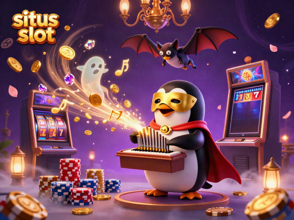Slot yang menguntungkan dari situs slot dengan penguin beraksi, koin berkilau, dan mesin slot.