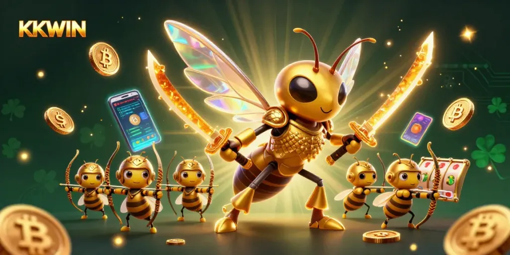 Engage with KKWIN's vibrant casino world featuring dynamic slot reels and heroic characters.