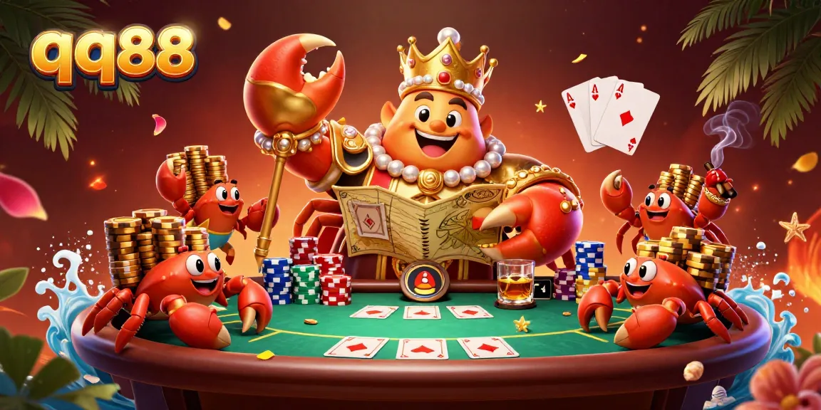 Experience the excitement of qq88 casino with a vibrant 3D illustration featuring a golden crab emperor amidst colorful poker elements.
