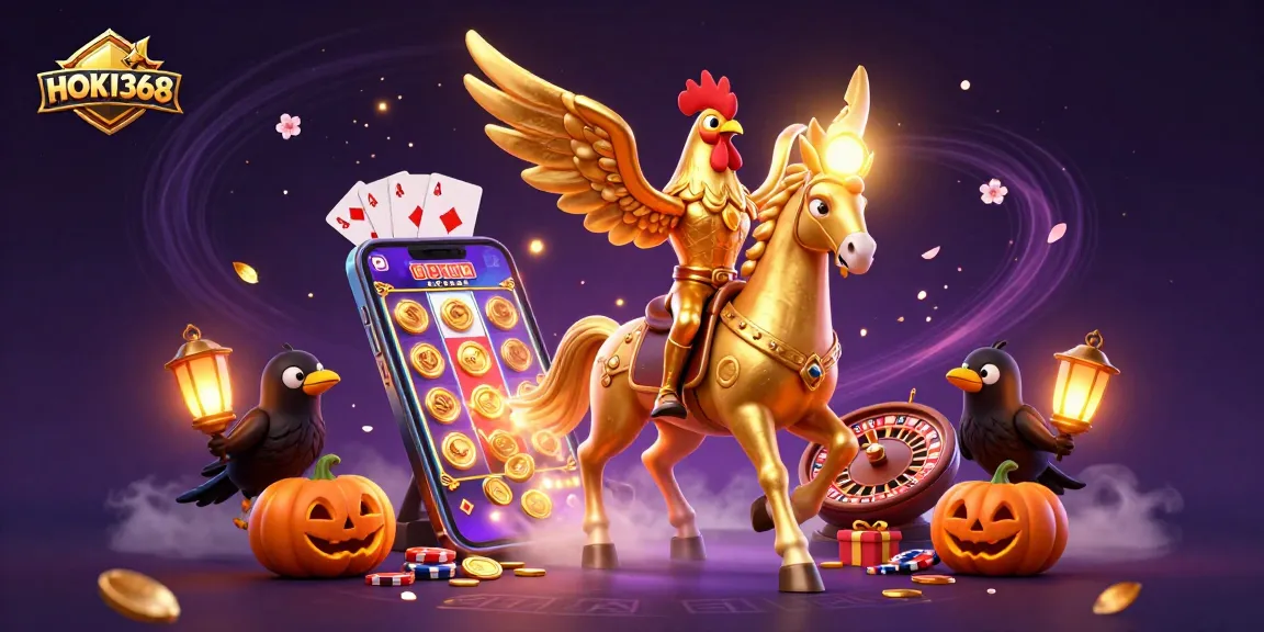 Experience the enchanting midnight casino with HOKI368, featuring a golden rooster and magical gaming elements.