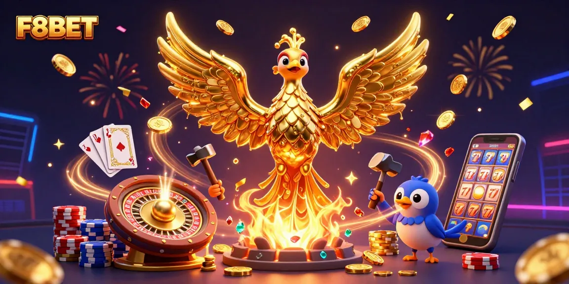 Experience the excitement of F8BET with a magical phoenix and vibrant casino elements in action.