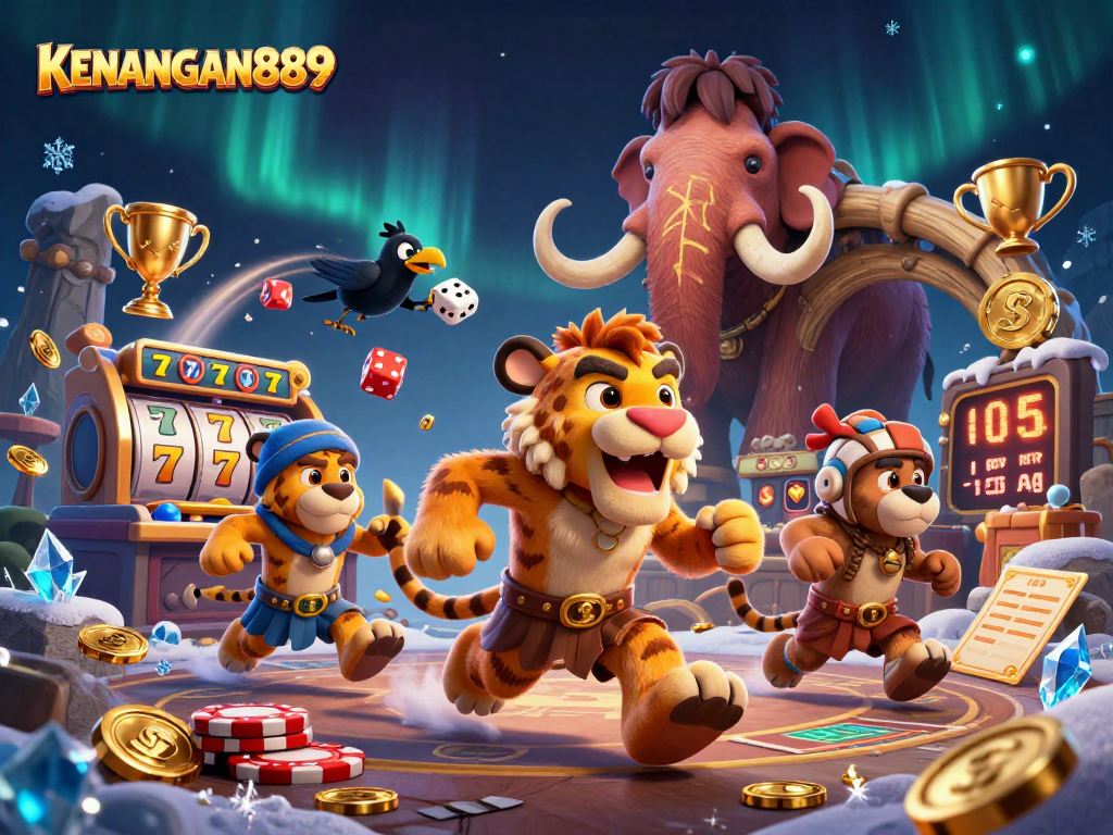 Experience the thrill of KENANGAN889 with cartoon characters in a lively casino scene.