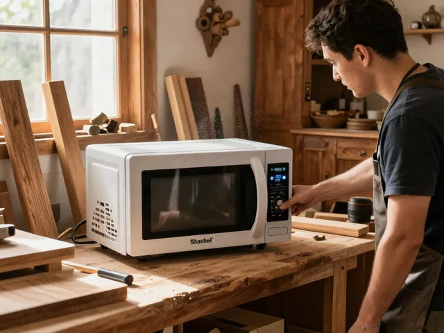 SHASHEL® microwave wood treatment system in a rustic workshop, showcasing effective woodworm elimination.