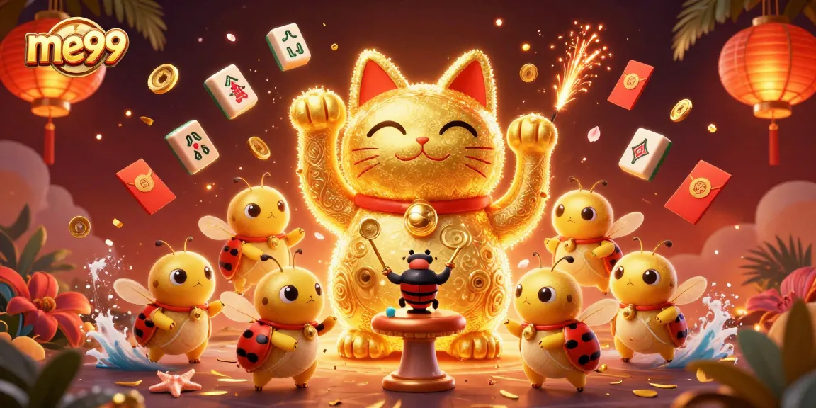 Experience exciting gameplay at me99 casino with a vibrant 3D illustration of a lucky cat and golden fireflies.