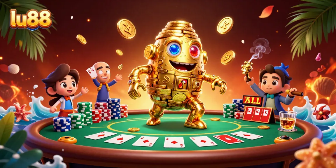 Experience the thrill of gambling at lu88 with vibrant poker scenes and animated golden golem!