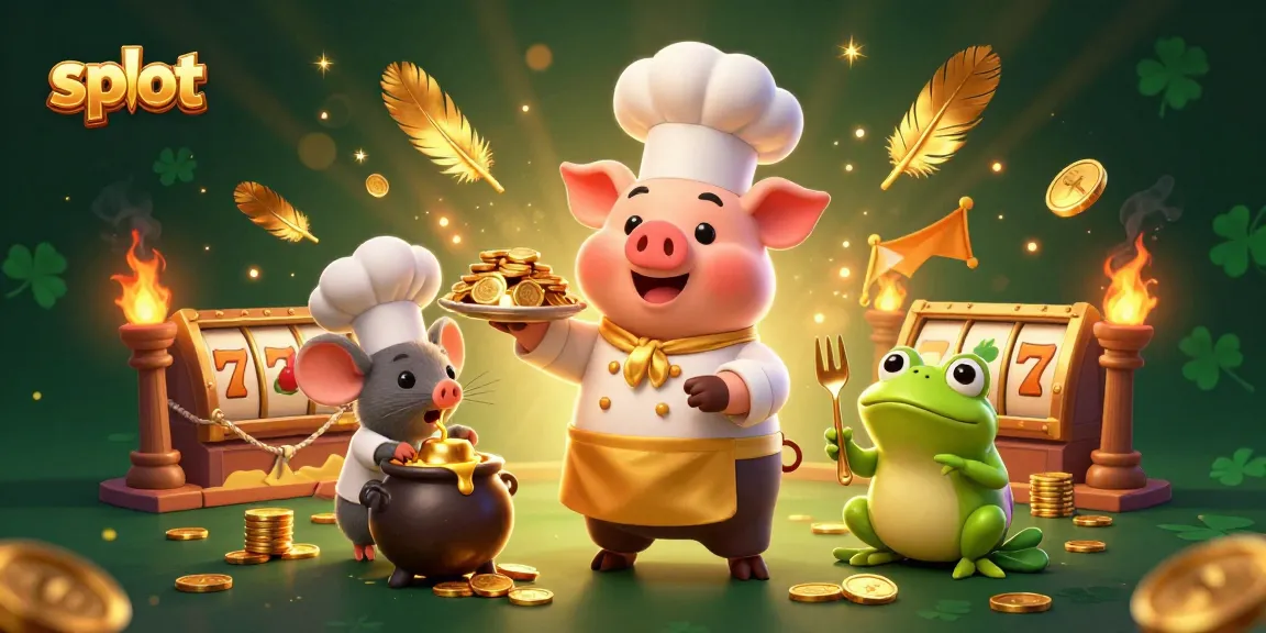 Spin the slot machines with gold coins served in a gourmet platter by a cartoon chef pig.