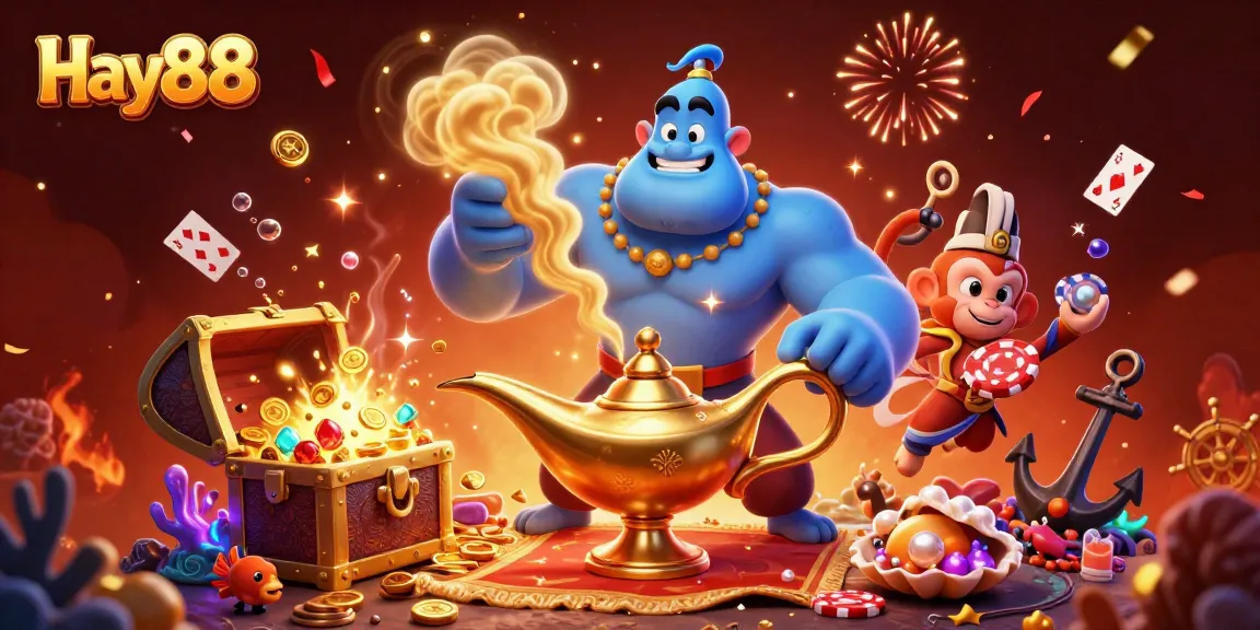 Experience thrilling gaming with Hay88's vibrant 3D illustration of a genie, monkey, and poker elements.