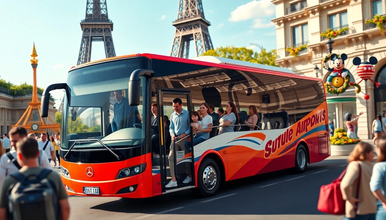 Experience a seamless disney paris airport transfer as families board a vibrant shuttle bus in Paris.