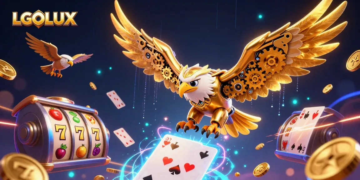 Experience thrilling wins with LGOLUX's dynamic 3D slot gaming scene and cybernetic eagle.