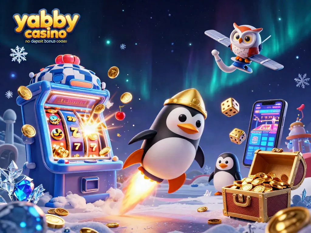 Play with Yabby Casino no deposit bonus codes to win exciting rewards, featuring a rocket penguin and jackpot elements.