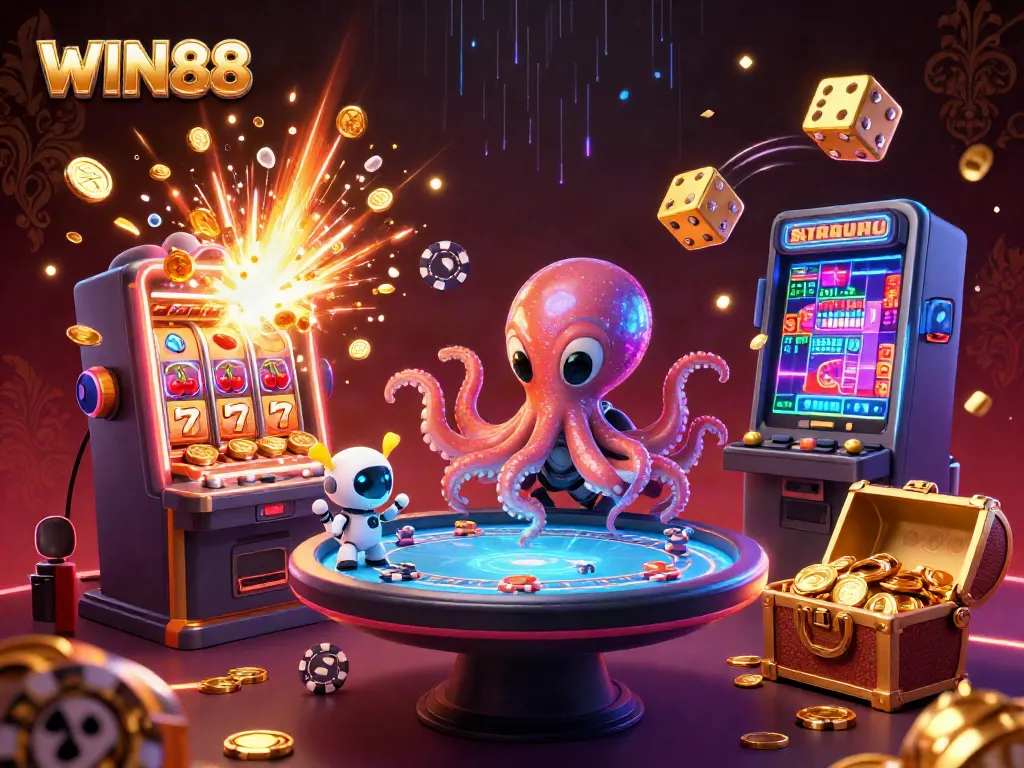 Engage in thrilling games at WIN88 with an alien octopus and a vibrant casino scene.