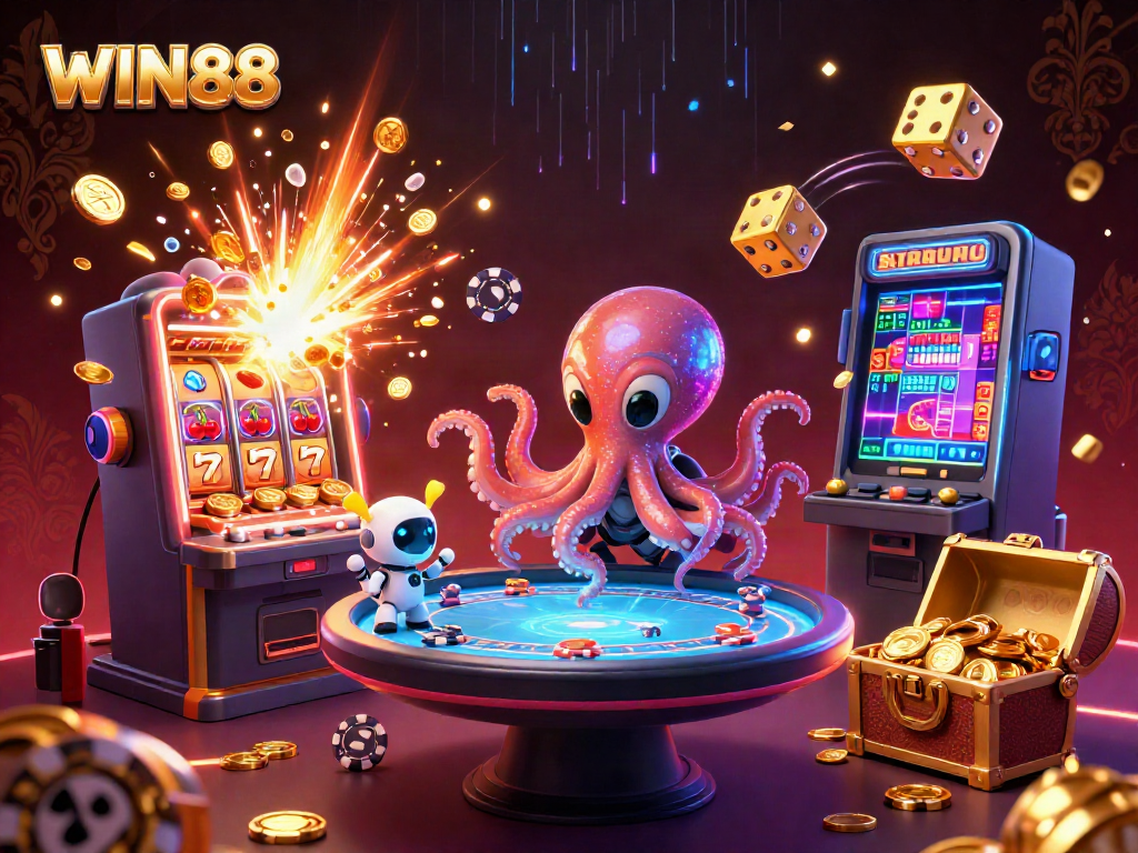 Engage in thrilling games at WIN88 with an alien octopus and a vibrant casino scene.