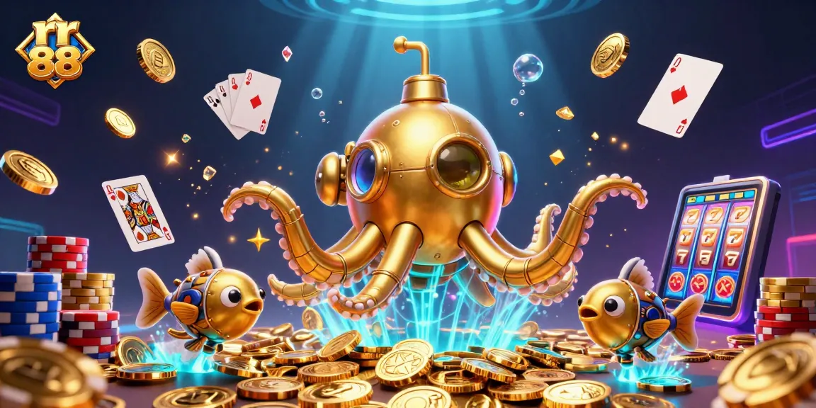 Experience thrilling adventures at rr 88 with cartoon kraken submarine soaring through a treasure-filled ocean.