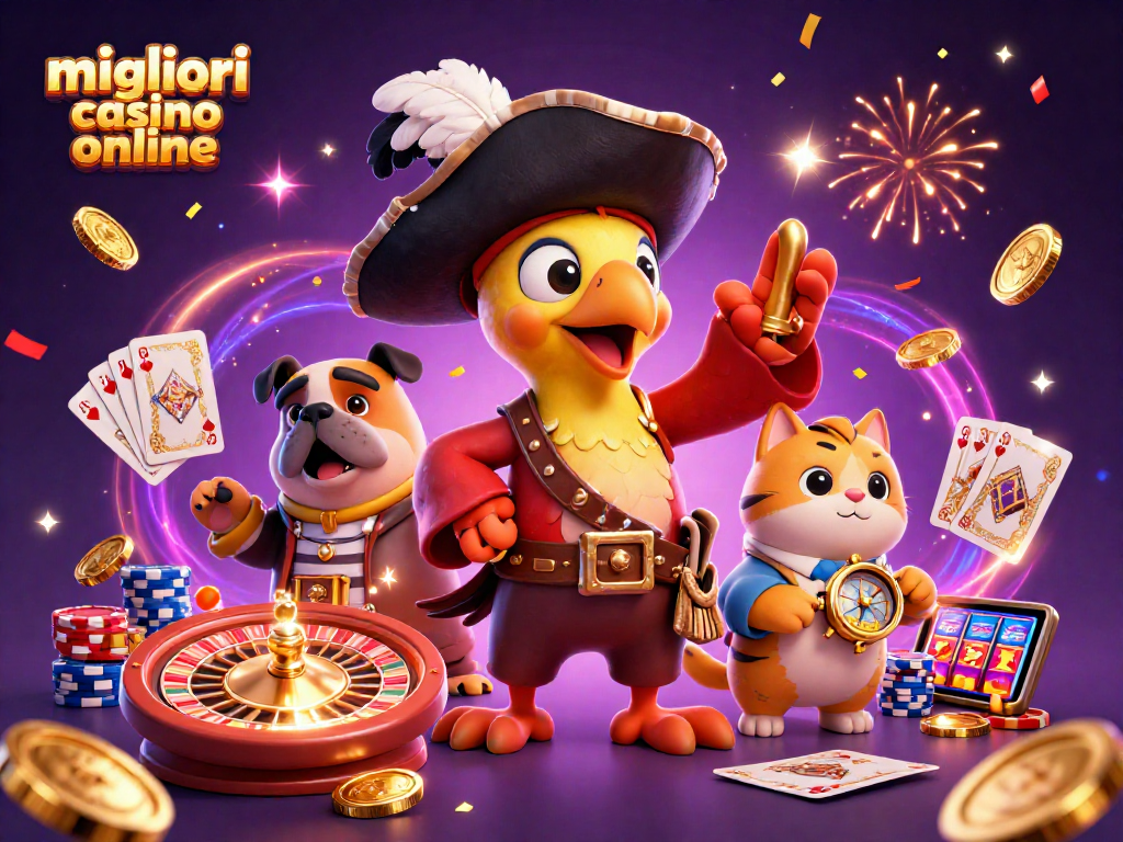 Scopri i migliori casino online mentre il capitano pappagallo dirige l'azione in un'atmosfera festosa.