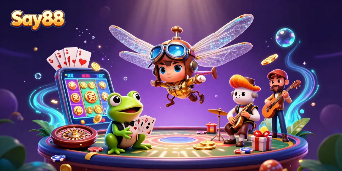 Experience thrilling gaming at Say88 with a dragonfly pilot, frog dealer, and vibrant casino action.
