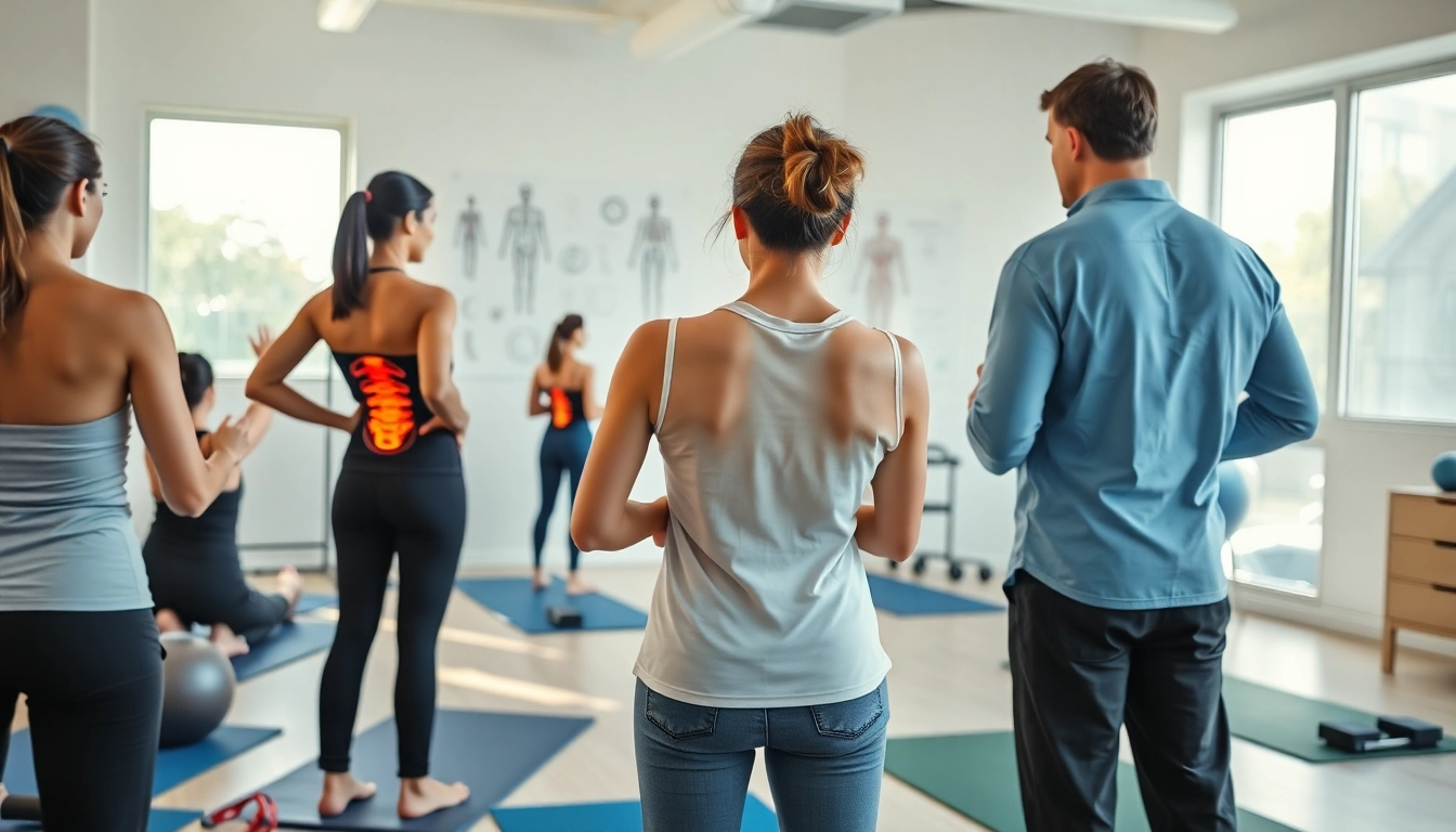 Engaging physiotherapist demonstrating natural back pain solution exercises in a modern clinic.