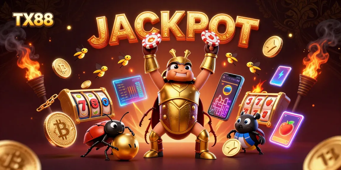 Experience TX88's thrilling jackpot with 3D cartoon beetles and dynamic casino elements in action.