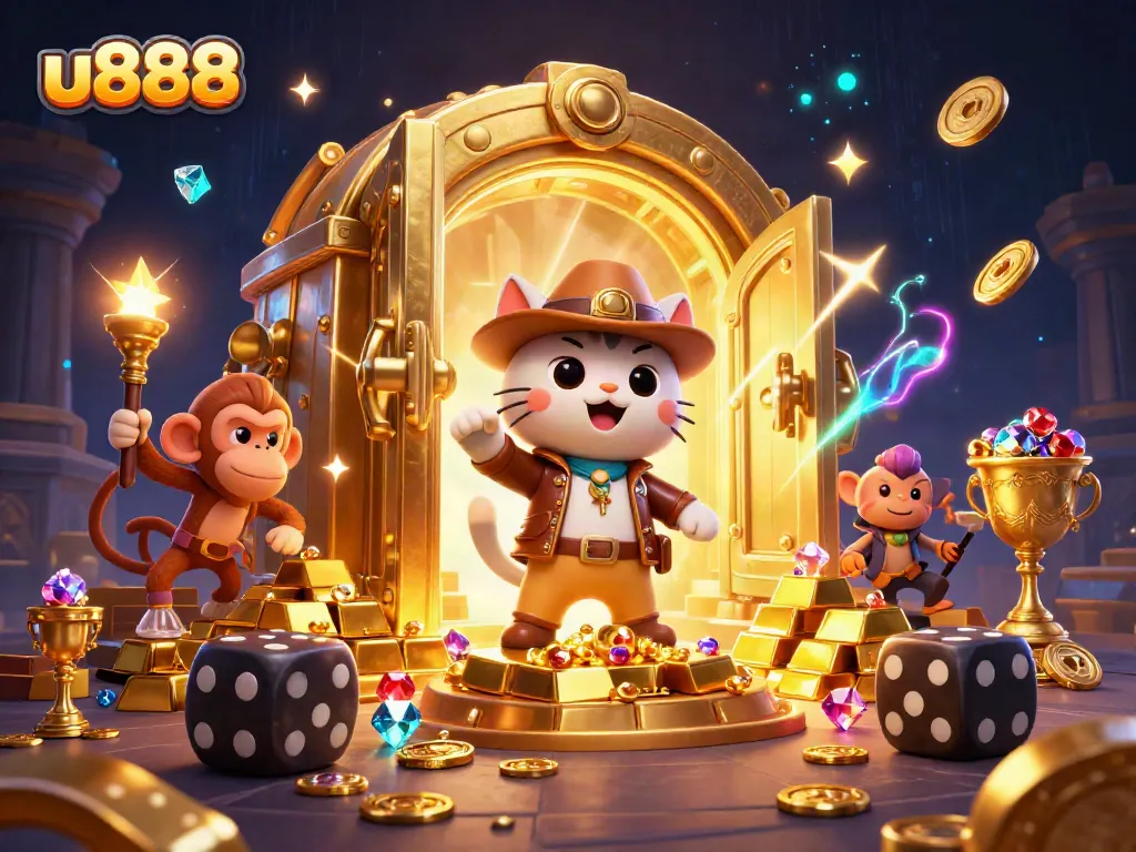 Experience thrilling gameplay with u888's vibrant casino adventure, featuring an archaeologist cat in a magical temple.