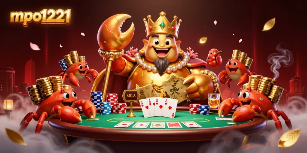 Experience mpo1221 action as a golden crab emperor directs a lively casino scene filled with vibrant poker elements.