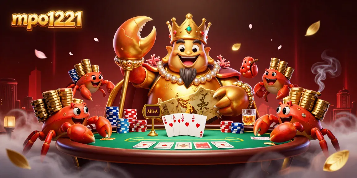 Experience mpo1221 action as a golden crab emperor directs a lively casino scene filled with vibrant poker elements.
