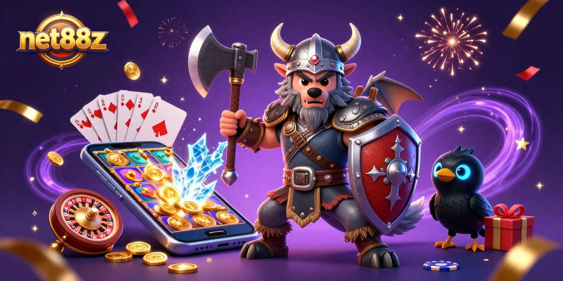 Experience thrilling gameplay at net88z with a Viking wolf warrior and dragon amidst casino excitement.