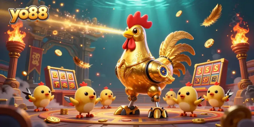 Experience excitement at yo88 with a vibrant 3D illustration of a golden rooster robot and baby chick drones amidst thrilling casino elements.