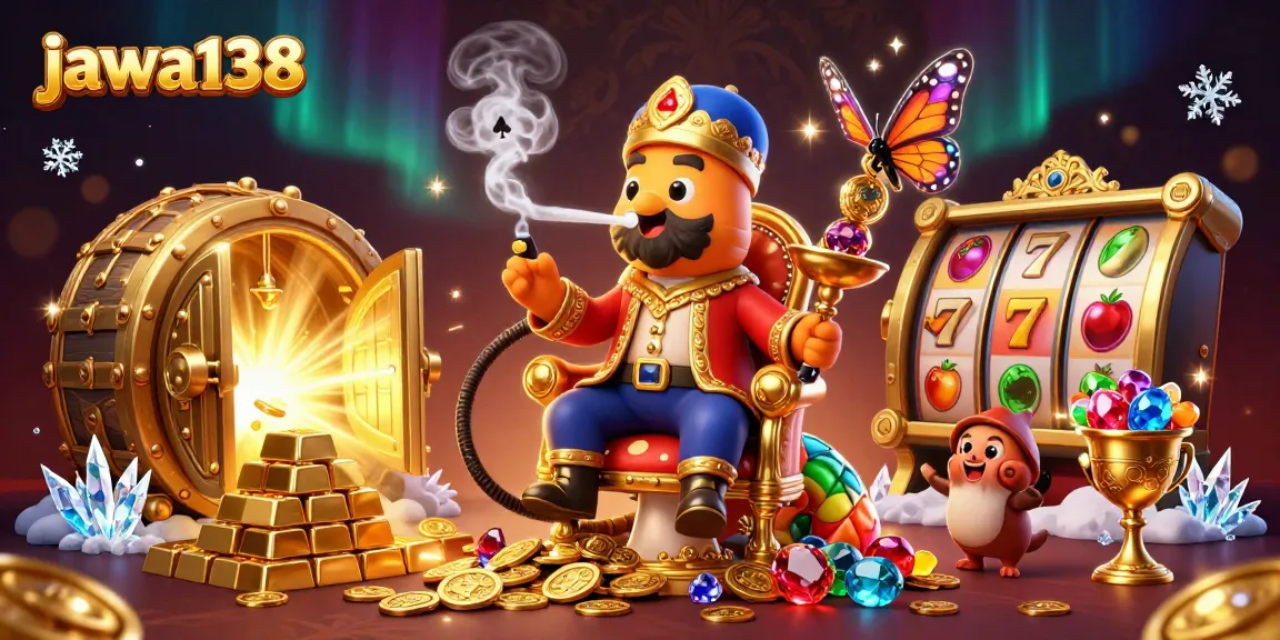 jawa138 showcases a vibrant casino scene with a sultan caterpillar amidst gold treasures and slot reels.