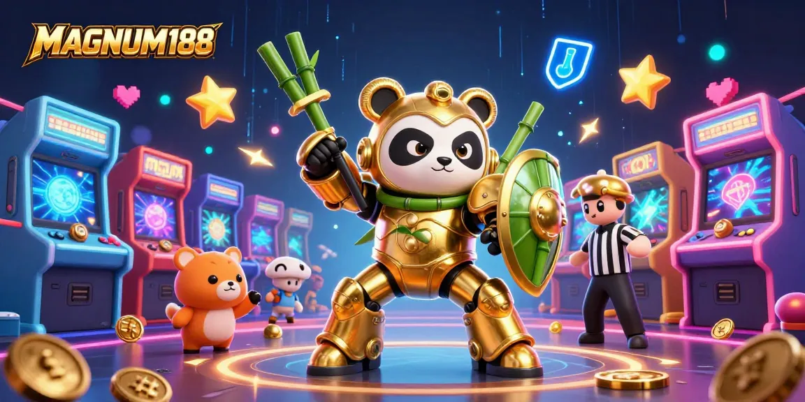 Engage with MAGNUM188's vibrant casino scene featuring dynamic gaming elements, lively characters, and festive atmosphere.