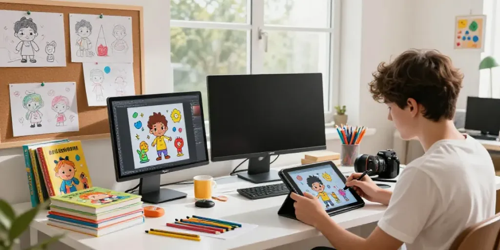 Learn how to use an AI cartoon image generator in a vibrant creative studio.