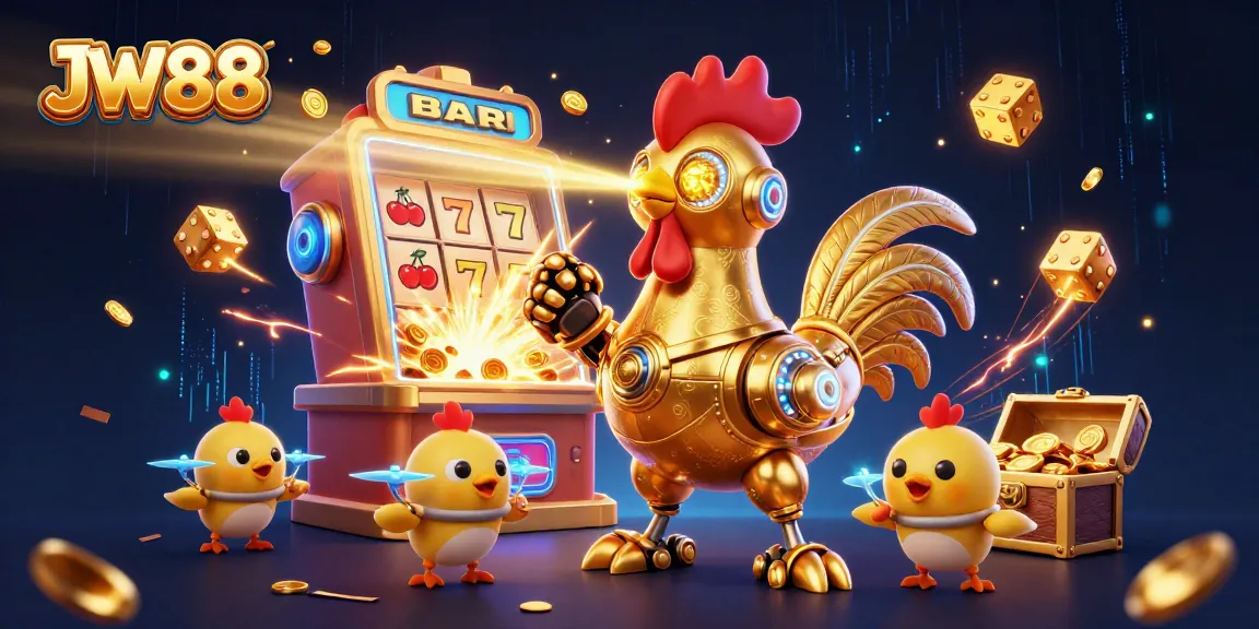 Experience the thrill of JW88 with vibrant 3D visuals of a golden rooster robot and slot machine bursting with coins.