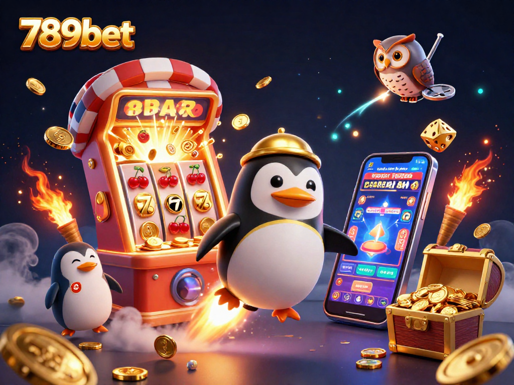 Experience a thrilling adventure in online gaming with 789bet's captivating 3D illustration of a golden penguin and casino elements.