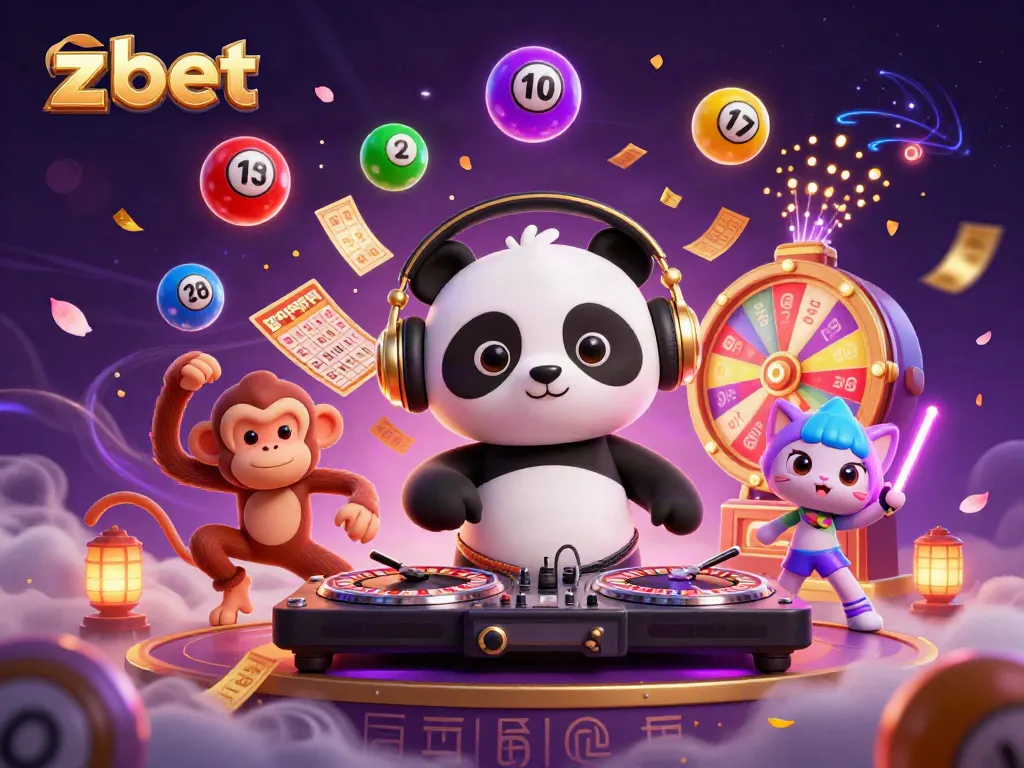 Zbet casino features a DJ panda, a breakdancing monkey, and a glow-stick kitten amidst vibrant lottery elements.