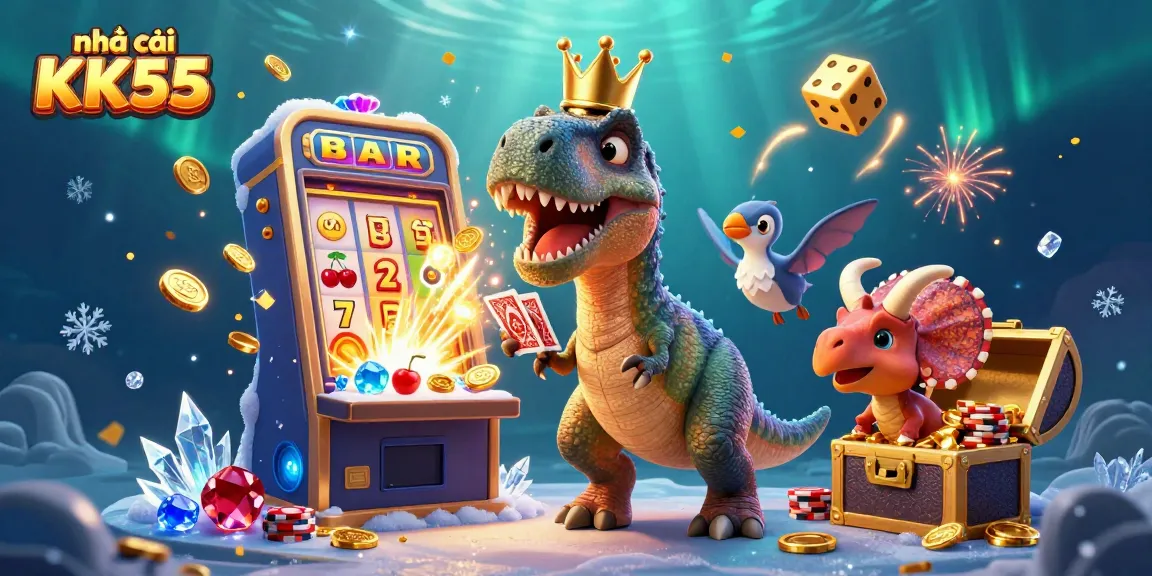 Experience the excitement of nhà cái KK55 with a fun cartoon T-Rex and friends amidst a casino scene.