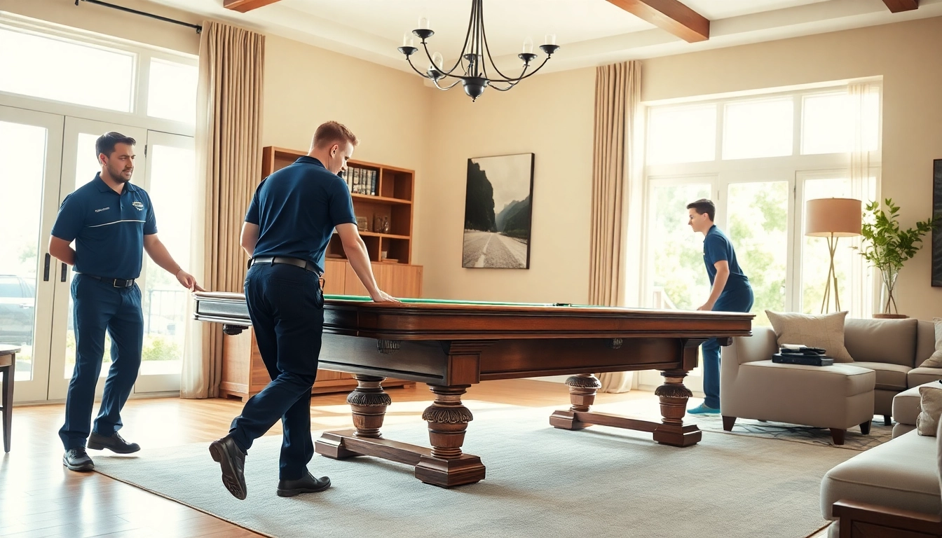 Expert pool table movers dallas relocating a slate table in a stylish living room setting.
