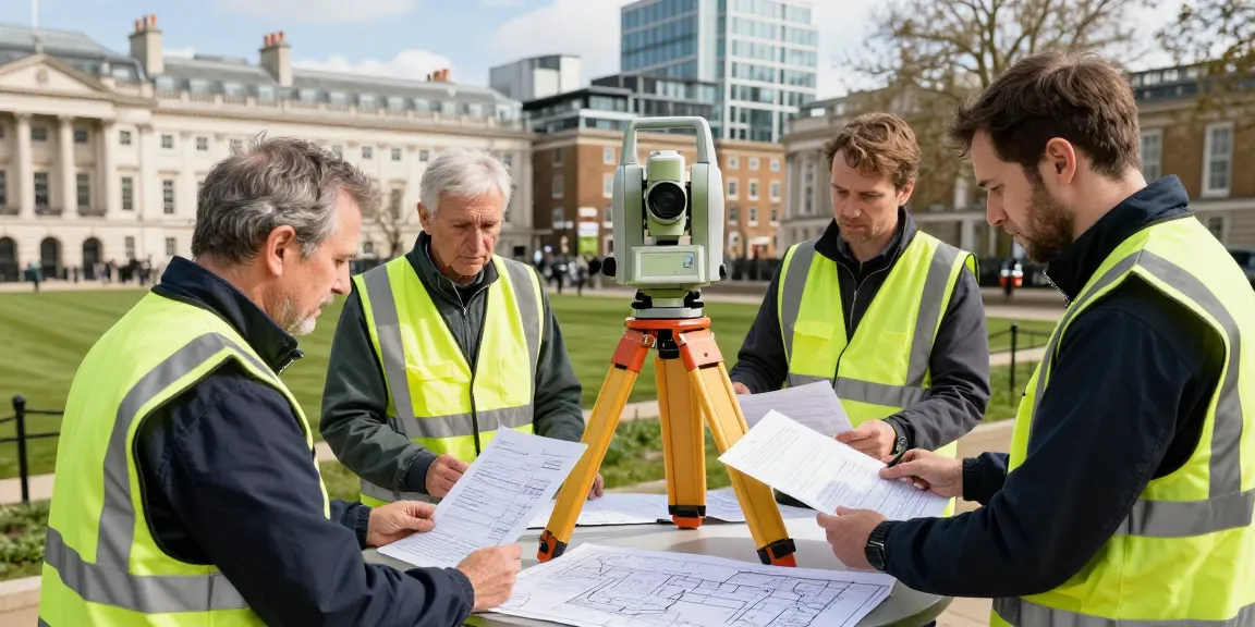 Land surveyors London measuring site data, showcasing advanced surveying technology and collaboration in urban environment.