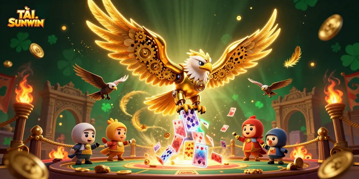 TẢI SUNWIN features a cybernetic eagle diving through holographic cards in a vibrant casino arena.