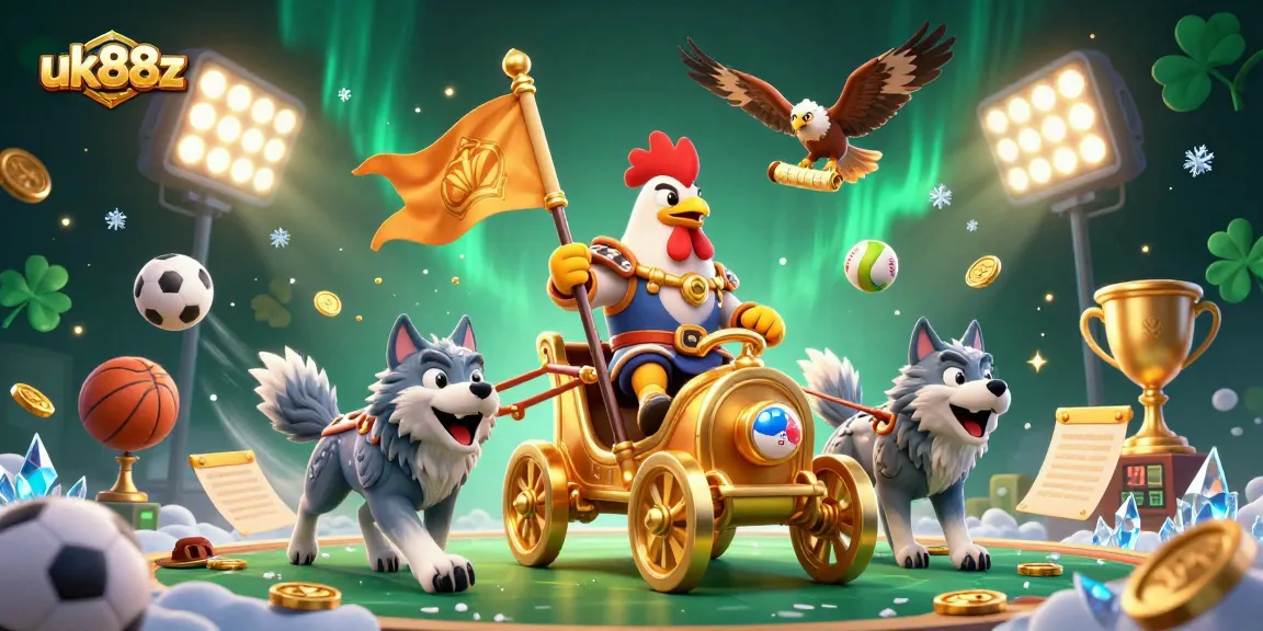 uk88z sports betting scene with a rooster warlord in a chariot, dynamic elements, and rich 3D detail.