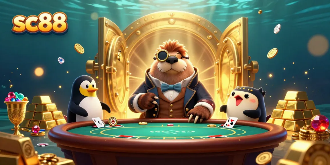 Experience the thrill of sc88 with a lively underwater casino scene, featuring a jolly walrus and befuddled players.