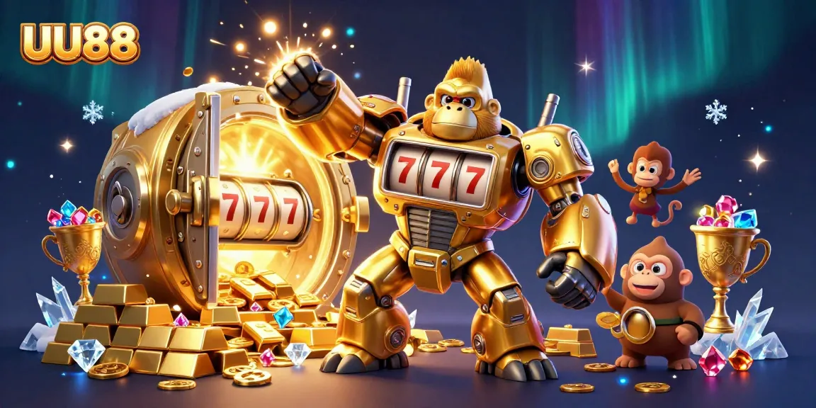 Engage with the thrilling action of UU88 as a golden gorilla mech unleashes a jackpot of coins.