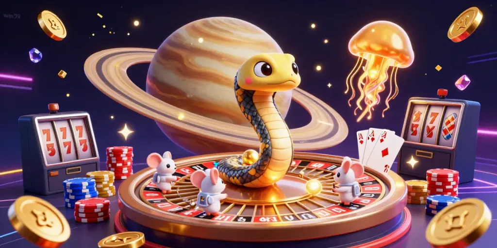 Experience the thrill of win79 with astronaut mice placing bets on a cosmic roulette wheel amidst golden coins.