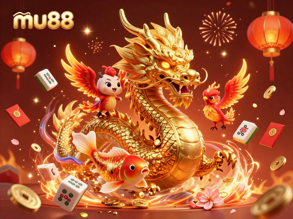 mu88 showcases vibrant casino celebration with a dragon, phoenix, and koi fish amidst rich gaming elements.