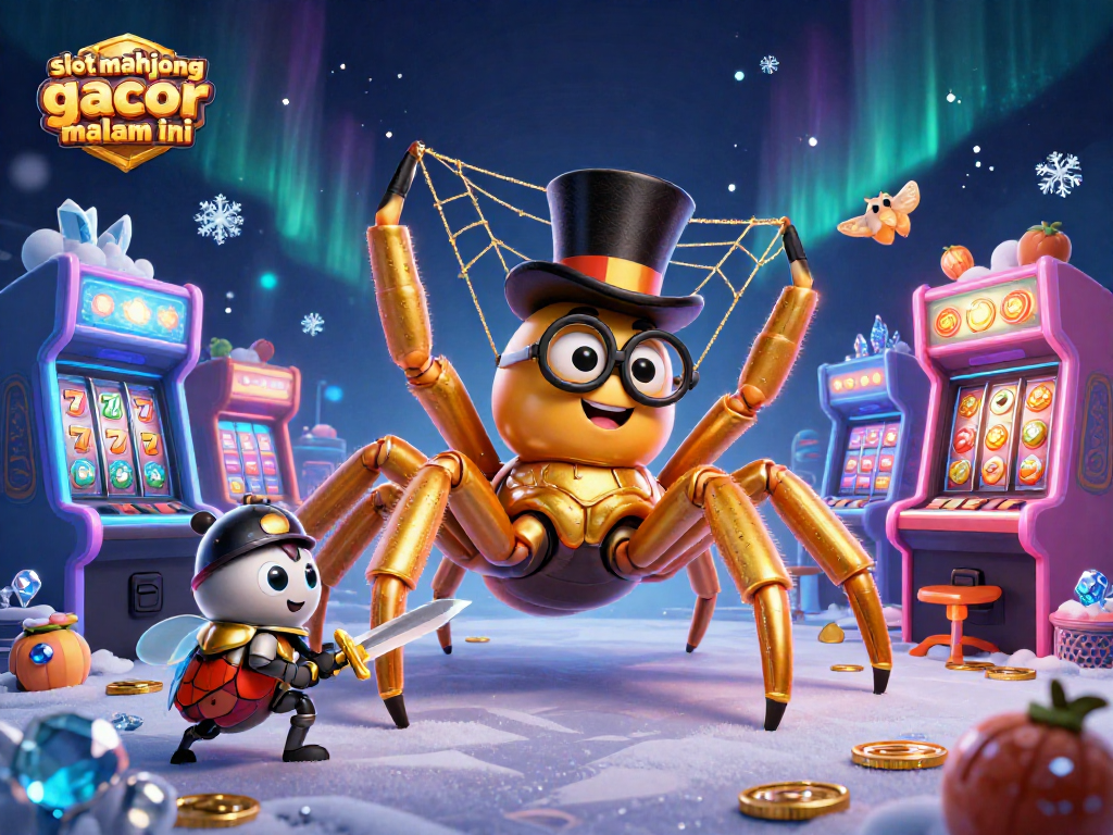 Engage in slot mahjong gacor malam ini surrounded by a giant tarantula, beetle knight, and vibrant game elements.