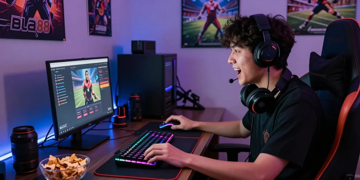 Bola88 gaming user engaged with vibrant gaming gear in a thrilling digital atmosphere.