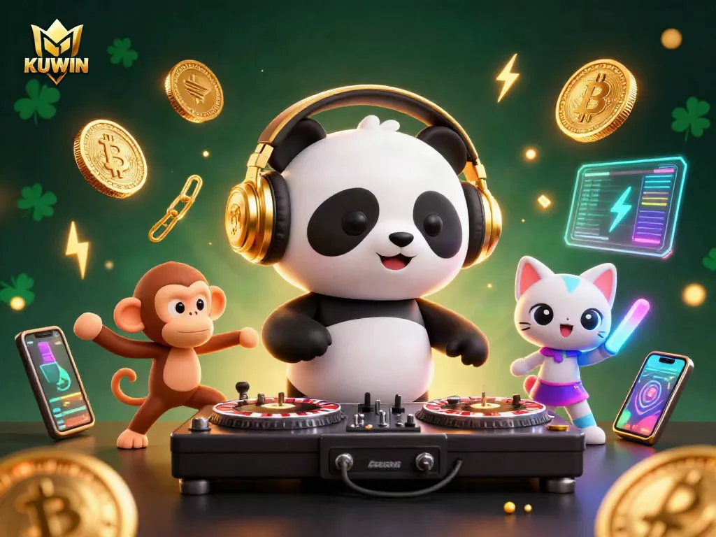 KUWIN engages players with a vibrant 3D scene of casino fun, featuring a DJ panda and glowing characters.