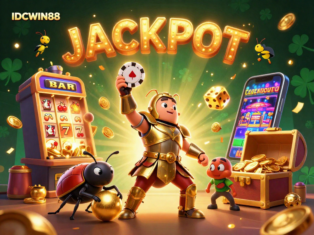 Experience the thrill of IDCWIN88 with a winning scene featuring vibrant characters and jackpot elements.