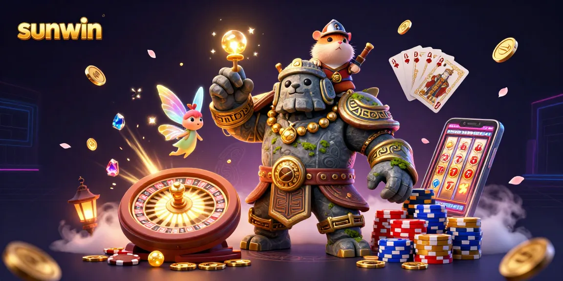 Spin winning slots with sunwin's thrilling 3D casino scene featuring a golem and fairy.