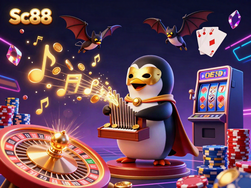 Experience the thrill of Sc88 with a phantom penguin organist raining golden coins in a vibrant casino scene.
