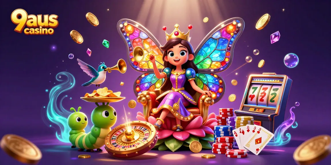 Engage with thrilling action at 9aus casino, featuring a vibrant butterfly queen animated with golden chips, roulette, and slot machines.