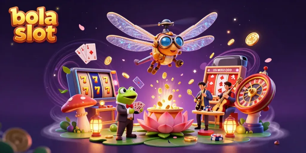 Experience the thrill of bola slot with lively characters and vibrant casino elements in an enchanting scene.